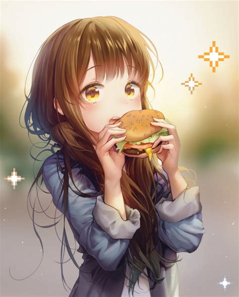 Wallpaper Anime Girl Hamburger Eating Moe Brown Hair Fast Food