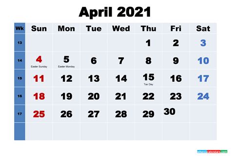 April 2021 Calendar Free Printable 6 Templates