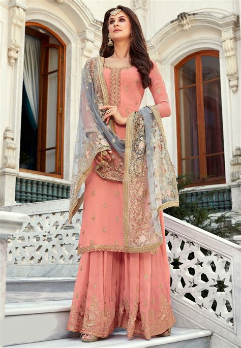 Embroidered Georgette Pakistani Suit In Peach Kch5204