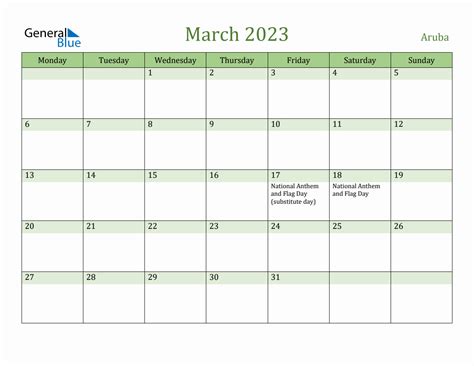 Fillable Holiday Calendar For Aruba March 2023