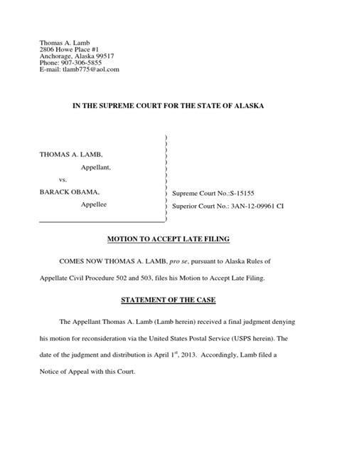 Motion To Accept Late Filing Alaska Supreme Court Lamb Vs Obama S 15155 Mail United States