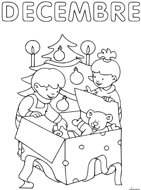 Coloriage Decembre Les Enfants Deballent Des Cadeaux Dessin Decembre à