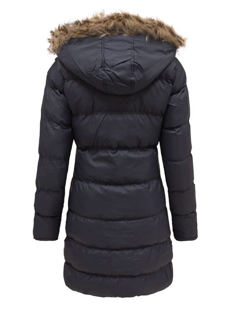 ladies fur hooded padded quilted puffer long parka jacket womens coat 8