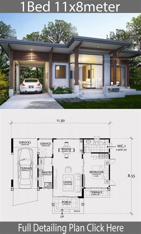 Monsterhouseplans.com offers 29,000 house plans from top designers. Home design plan 11x8m with One Bedroom - House Plans 3D