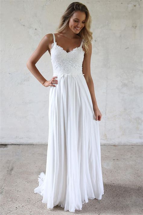 Elegant A Line V Neck Open Back White Lace Beach Wedding Dresses By