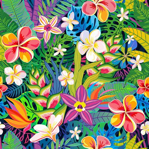 Seamless Pattern Abstract Tropical Plants Flowers Leaves Vect