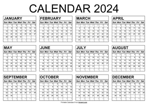 Free Printable Year 2024 Calendar Template Time Management Tools By