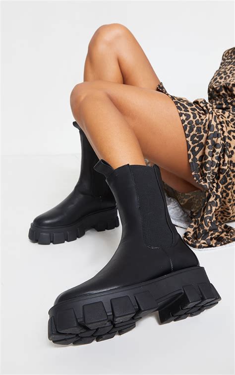 Black Extreme Chunky Sole Calf High Chelsea Boots Prettylittlething Aus