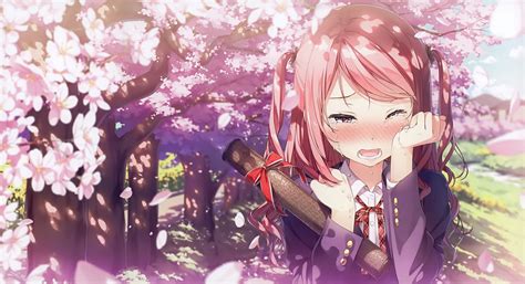 Wallpaper 3500x1898 Px Blushing Cherry Blossom Cute Anime Girl Crying Hair Bows Kurumi