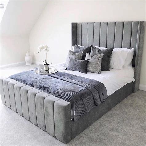 Grey Velvet Wingback Bed Luxurious Grey Velvet Double Bed With