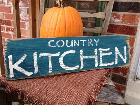 Country Kitchen Rustic Sign Dark Teal Background With Cream Hand