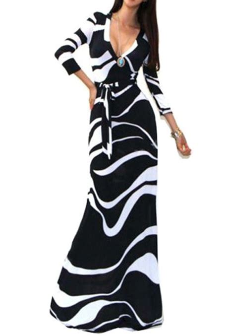 Black And White Striped Abstract Print V Neck 34 Sleeve Fashion Maxi