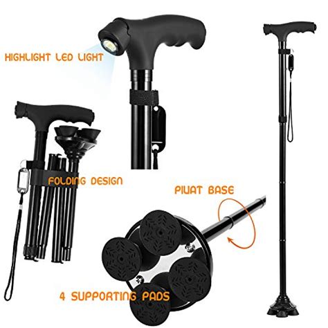 Bigalex Folding Walking Cane With Led Lightpivoting Quad Base