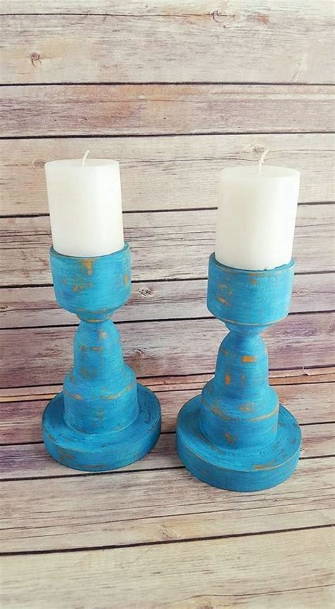 Candle Holders Wood Turquoise Beach Cottage Up Cycled Eco