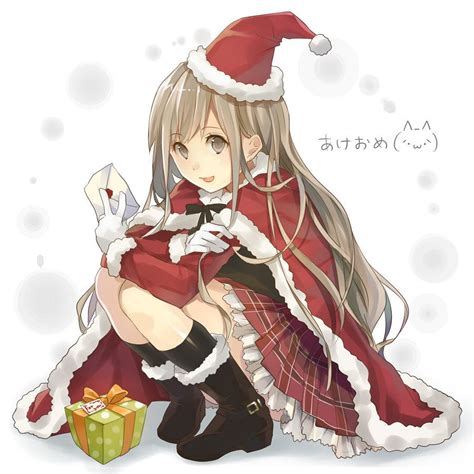 An Anime Character Dressed As Santa Claus Holding A T Box And Posing