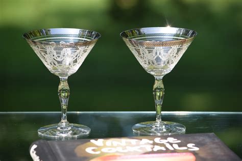 vintage crystal platinum encrusted rim needle etched cocktail glasses set of 5 circa 1920 s