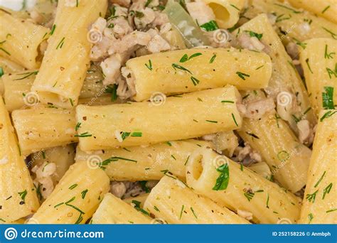 Prepared Short Tube Shaped Pasta With Chopped Meat Close Up Stock