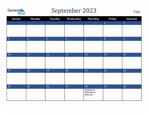 September 2023 Monthly Calendar With Togo Holidays