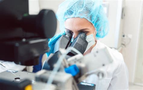 Woman Scientist Working On Microscope Stock Photo Image Of