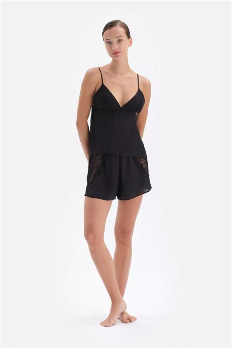 Dagİ Black Short Pyjama Set Thin Strap Floral Lace Homewear And