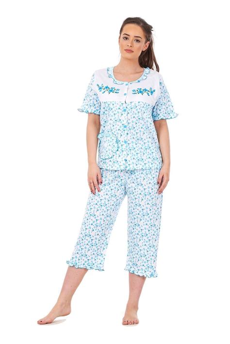 Ladies Pyjama Sets 3 4 Length Short Sleeve Cotton Pocket Soft Nightwear M To Xxl Ebay