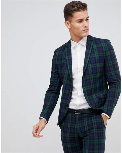 Lyst Selected Blackwatch Green Check Suit Jacket In Skinny Fit In
