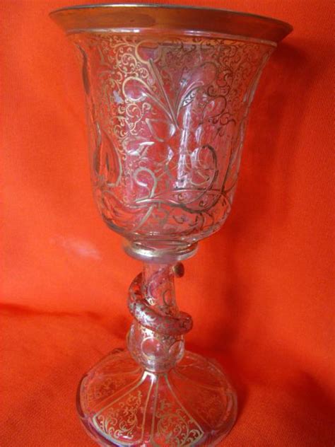 Antique Venetian Glass Goblet Decorated With A Floral Gilt Design And Relief Glass Anonymous