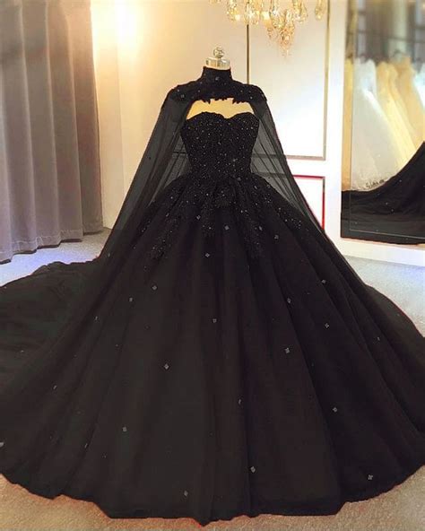 329 Appliques Beaded Ball Gown Sleeveless Black Weddng Dresses With Cape Vestidos De