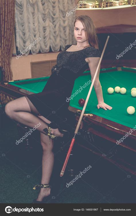 Beautiful Young Girl Playing Billiards Sexy Woman In Billiard R Stock