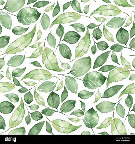 Floral Pattern Seamless Background With Green Watercolor Leaves Stock