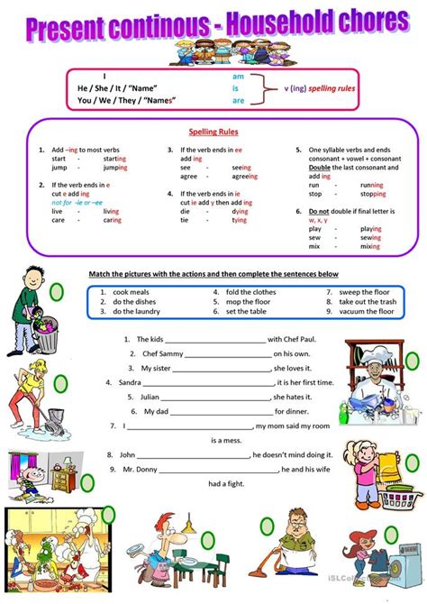 household chores present continuous worksheet  esl printable