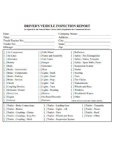 Free Driver S Vehicle Inspection Report Samples Daily Truck