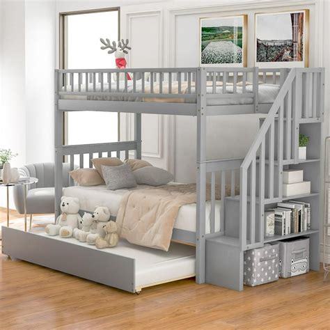 Modern Twin Over Twin Wood Bunk Bed With Trundle And Storage Solid