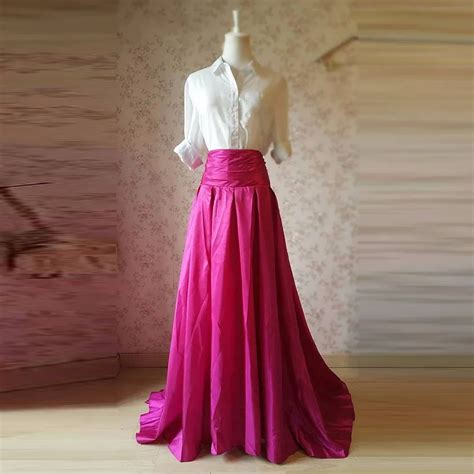 Fuchsia Vintage Long Taffeta Skirt Women To Prom Pleated A Line Female