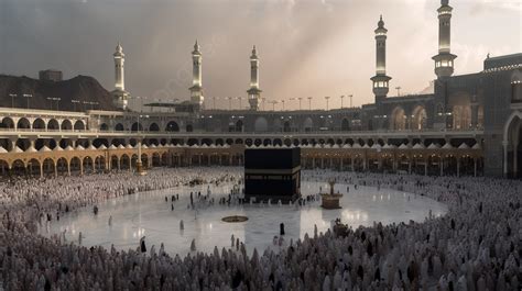 Kaaba In Front Of Many People Surrounded By Several Mosques Background