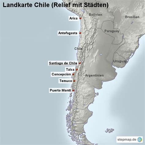StepMap Landkarte Chile Relief mit Städten Landkarte für Chile