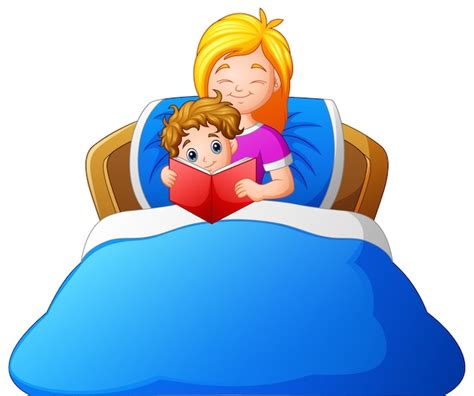 Premium Vector Cartoon Mother Reading Bedtime Story To Son On Bed