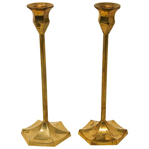 Art Deco Pair Of Brass Candlesticks Br