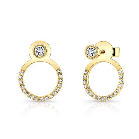 14KT Yellow Gold Diamond Bezel And Circle Front Back Stud Earrings