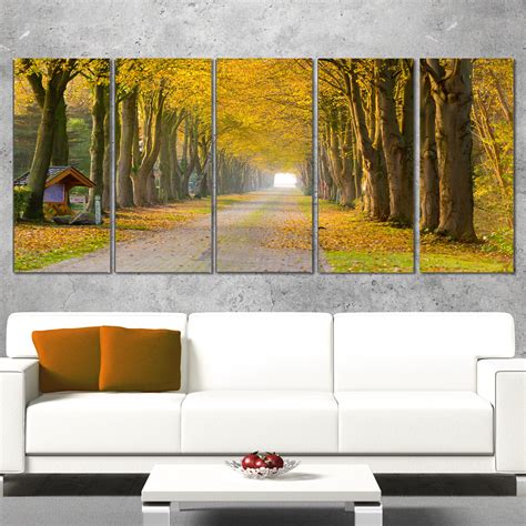 Designart Country Road Below Yellow Trees 5 Piece Wall Art On Wrapped