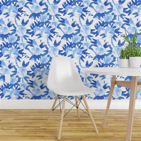 Peel And Stick Removable Wallpaper Chinoiserie Blue Watercolor Floral