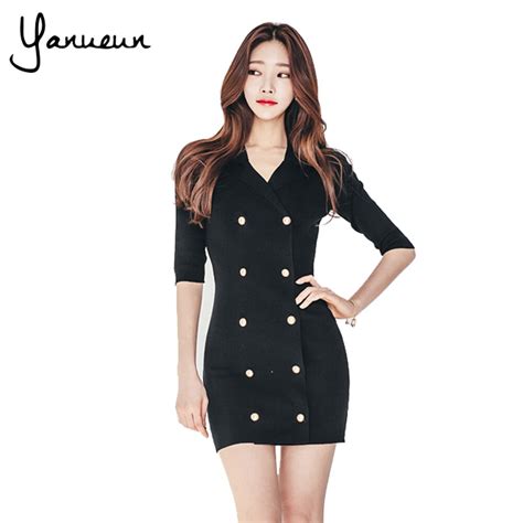 Yanueun Korean Fashion Black Sexy Brief Women Blazer Dress Suit Autumn Double Breasted Chic