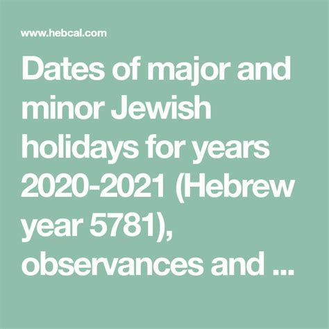 Dates Of Major And Minor Jewish Holidays For Years 2020 2021 Hebrew