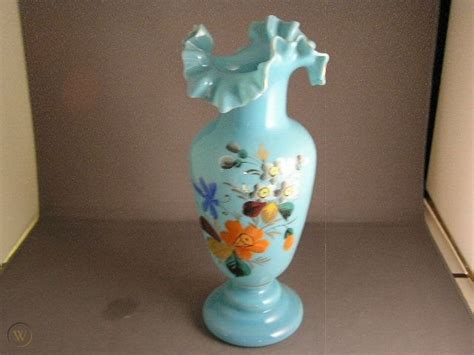 Vintage Blue Bristol Glass Vase W Flowers And Dragonfly 28982675