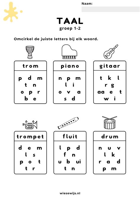 Werkblad Taal Groep Letterherkenning Thema Muziek Wiesewijs