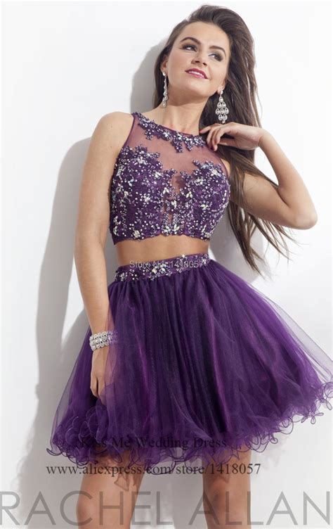 2015 Hot Sell Christmas Short Prom Dresses Two Piece Purple Lace Dress
