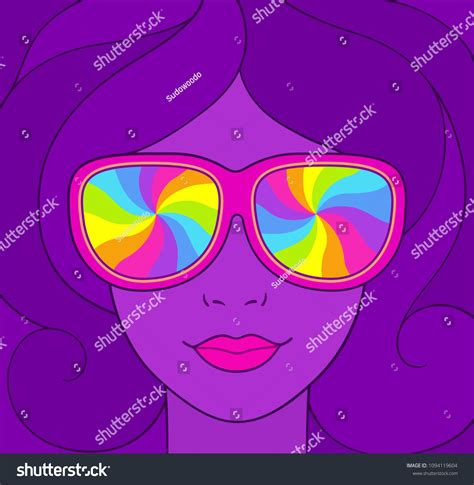 Psychedelic Style Portrait Pretty Girl Sunglasses Stock Illustration