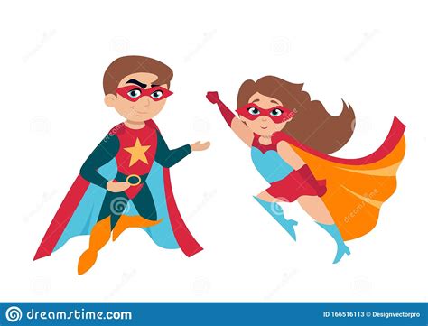 Superhero Boy And Girl In Cute Costumes And Masks Stock
