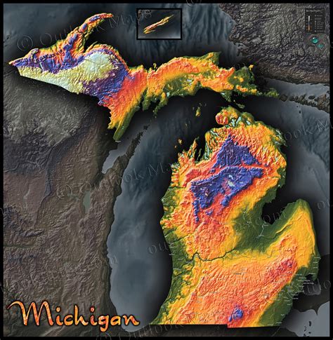 Intense Colors Vibrant Colors Map Of Michigan Wall Maps Topography Topographic Map Arts