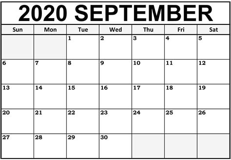 Blank Calendar 2020 September Printable Paper Sheets